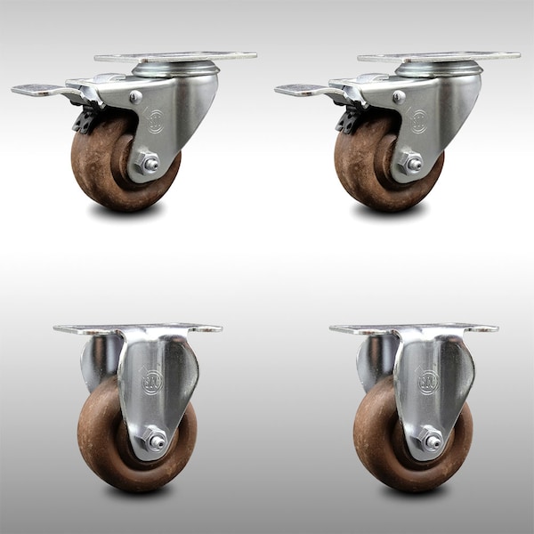 3 Inch SS High Temp Glass Filled Nylon Top Plate Caster Lock Brake 2 Rigid, 2PK